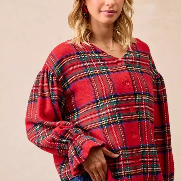 BiBi Christmas Plaid V-Neck Flounce Sleeve Jacket - Picture 4 of 15